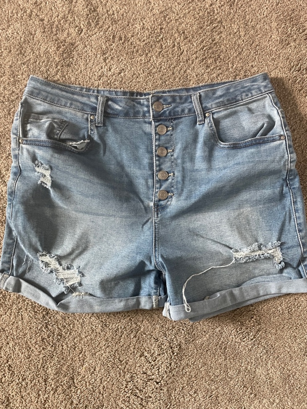 refuge Light Blue High-Waist Distressed Button-Front Jean Shorts